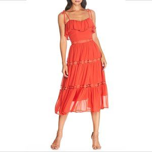 Dress the Population Dream chiffon ruffle midi tie lace poppy red orange new L
